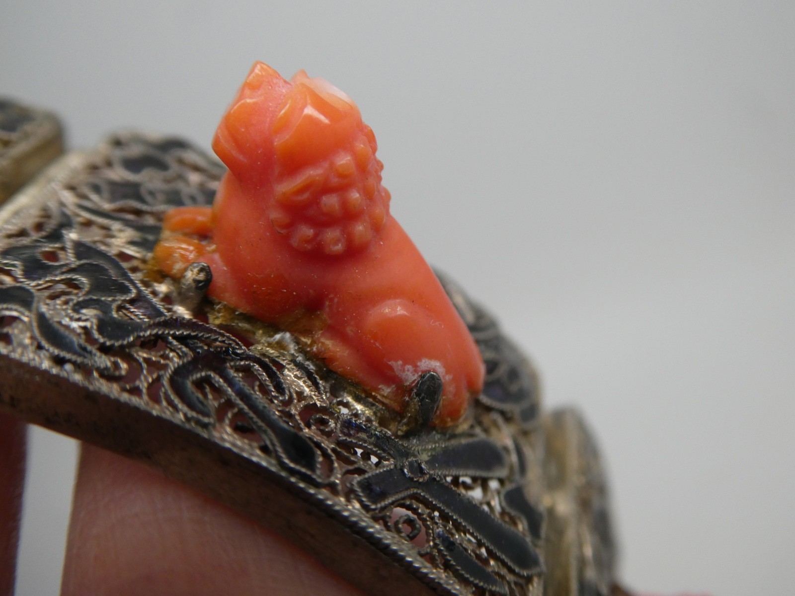 Vintage Chinese Export RARE Coral Lion Enamel Gilded Silver Bracelet Size 6.5″