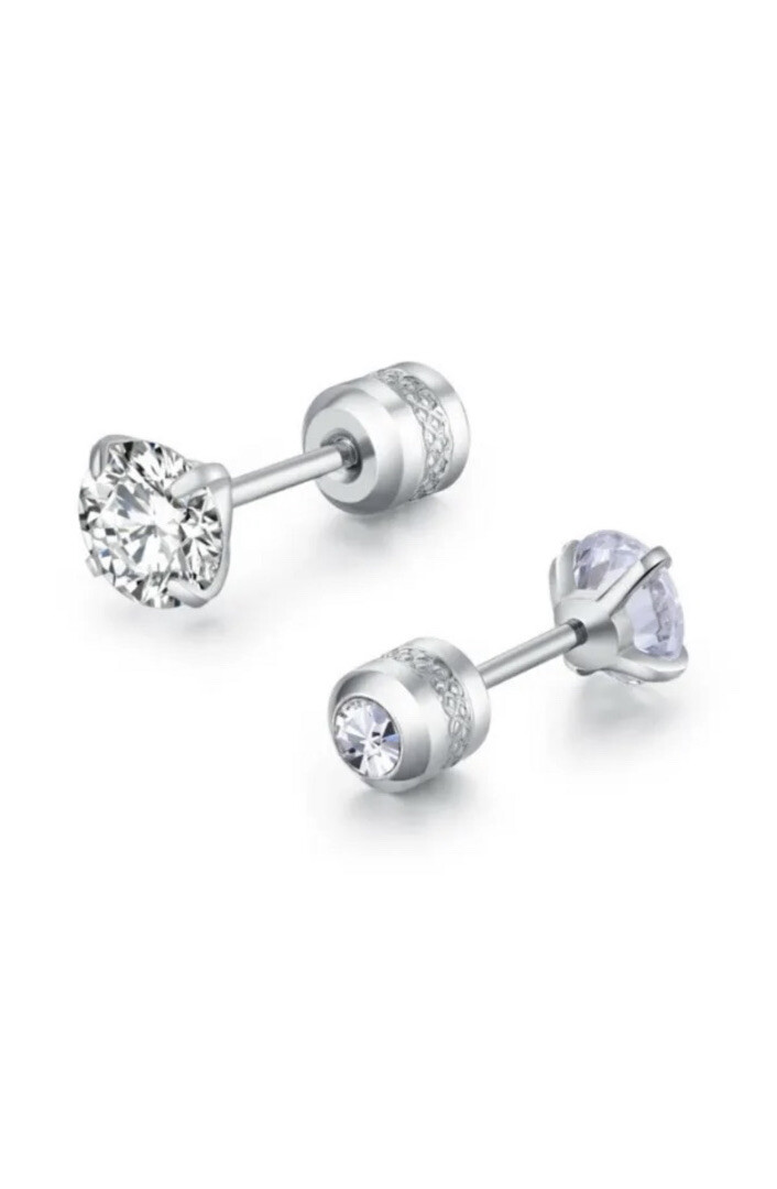 2PCS Silver Stainless Steel Round CZ Earrings Screw Back Ear Stud for Men Women