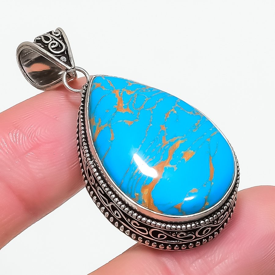 Copper Turquoise Pear Shape Gemstone Pendant Unique Vintage Jewelry 2.1″ VP 3638