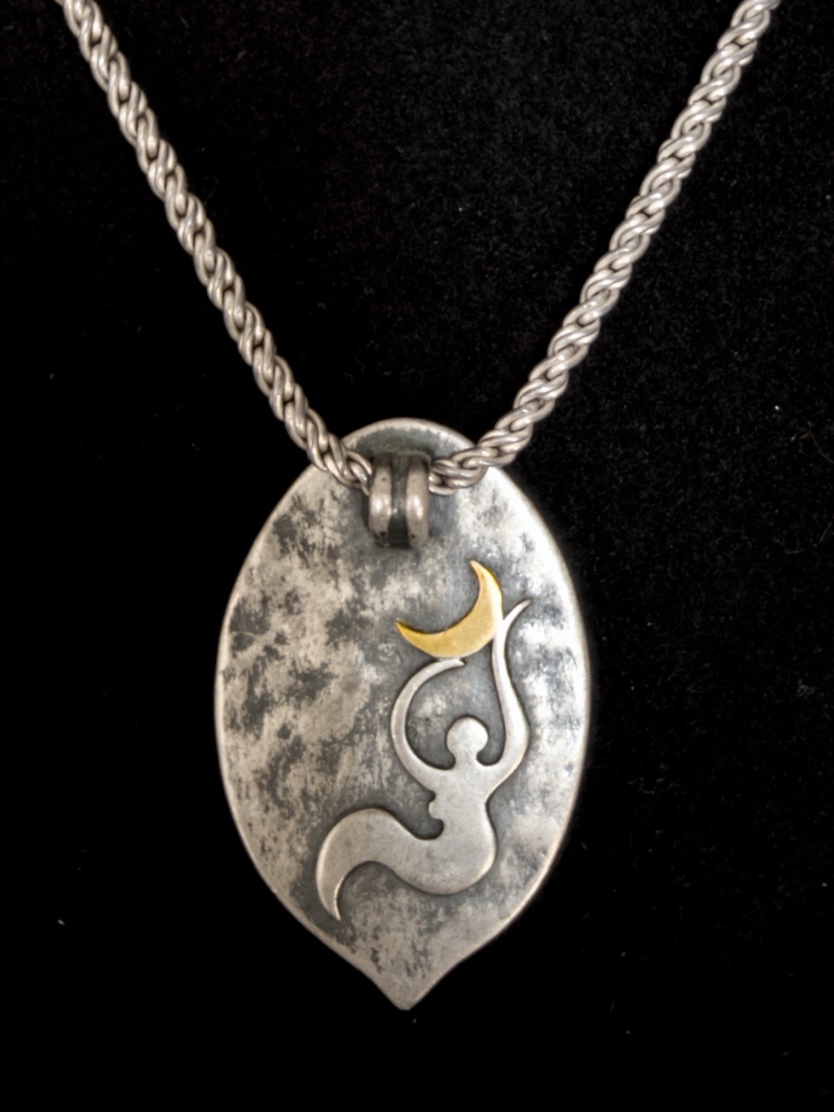 Purple Stone Pendant Necklace w Charoite Cabochon, 925 Silver + 10K Gold, 1.1 oz