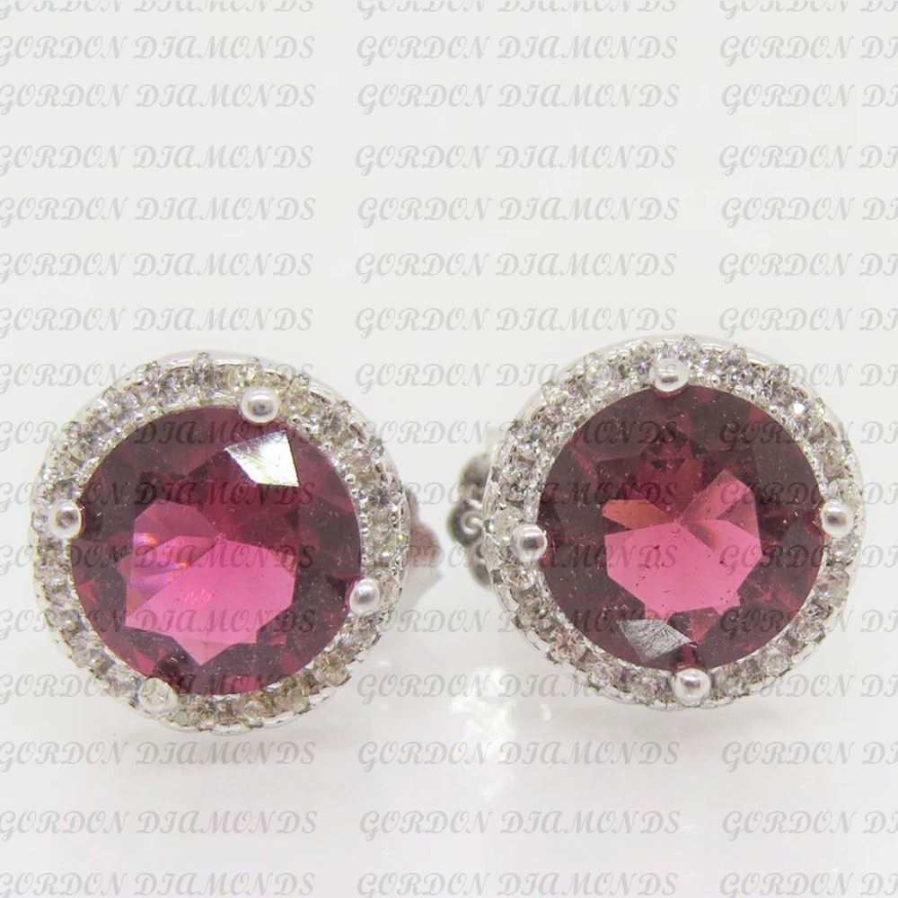 5.60Crt Round Natural Tourmaline Diamond Stud Pair Earring 18K White Gold Plated