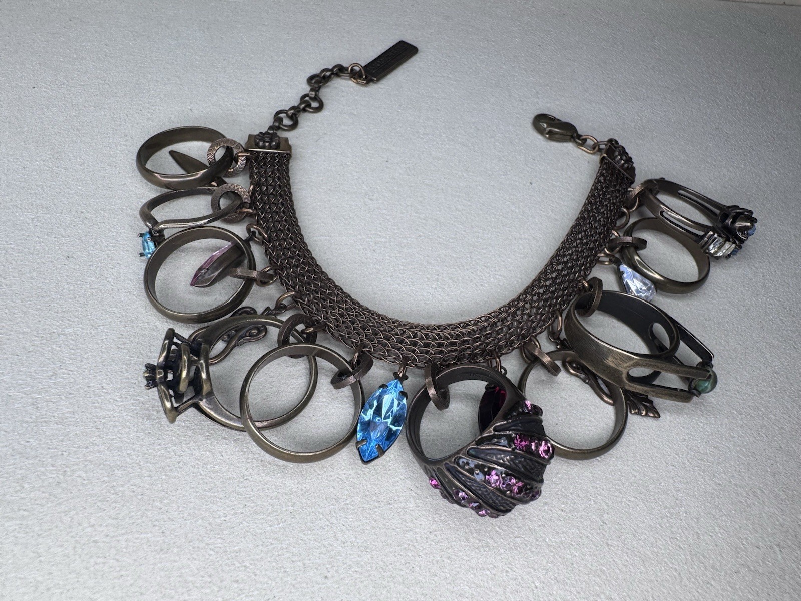 Vintage Ann Michaels Bronze Tone Charm Bracelet Multicolor Crystal Adjustable