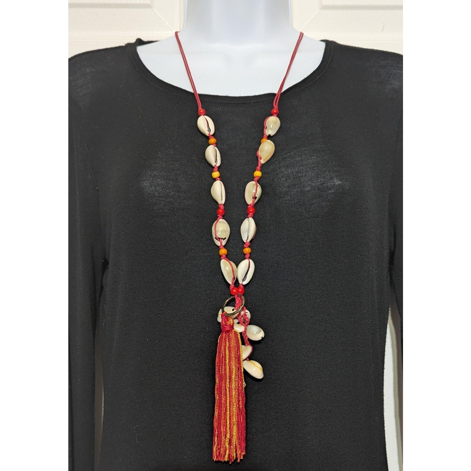 MIA Collection Cowrie Shell Tassel Long Necklace Red Cord Adjustable Boho Women