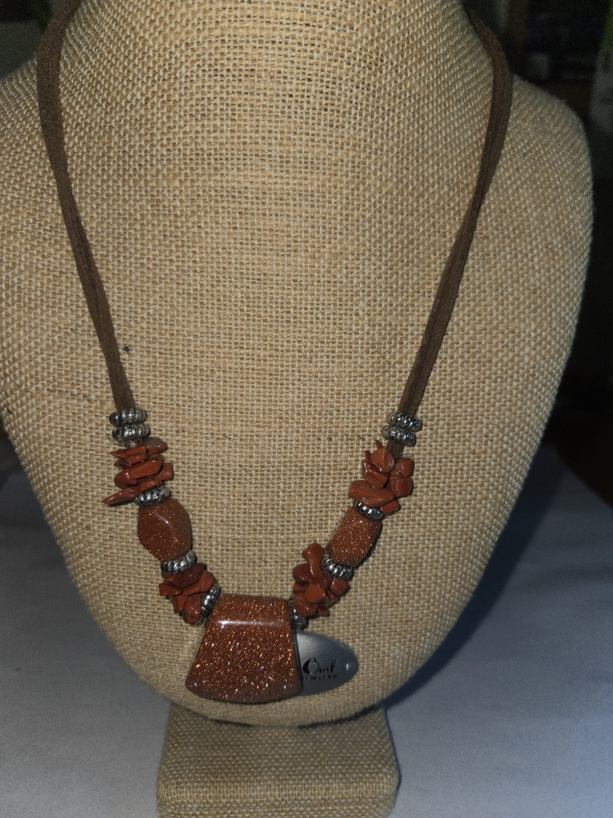 Owl Jewelry brown cord necklace sparkling goldstone pendants and Red Chip Stone
