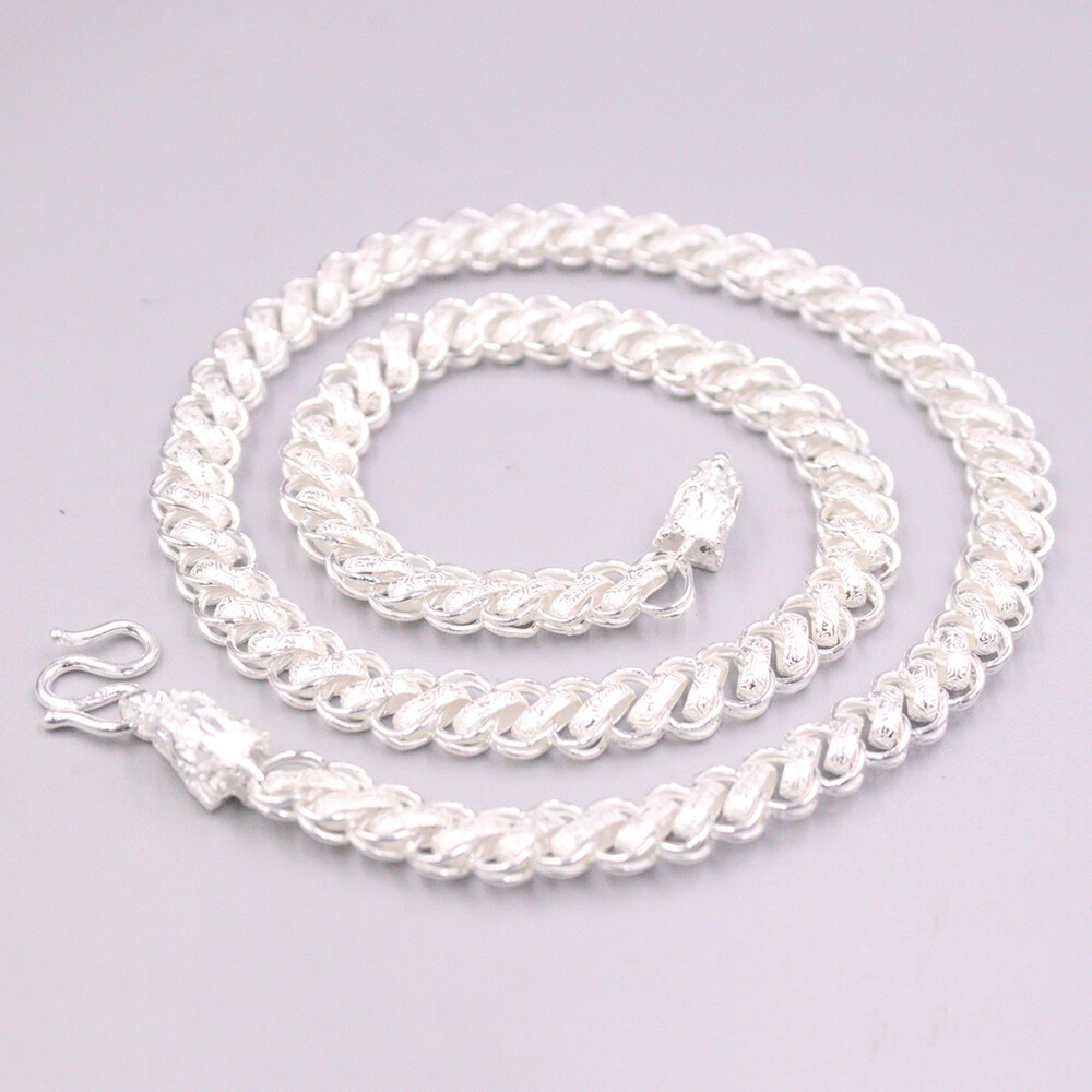 Real 999 Pure Silver Necklace Men Women 9mm Dragon Head Curb Link Chain 20inch