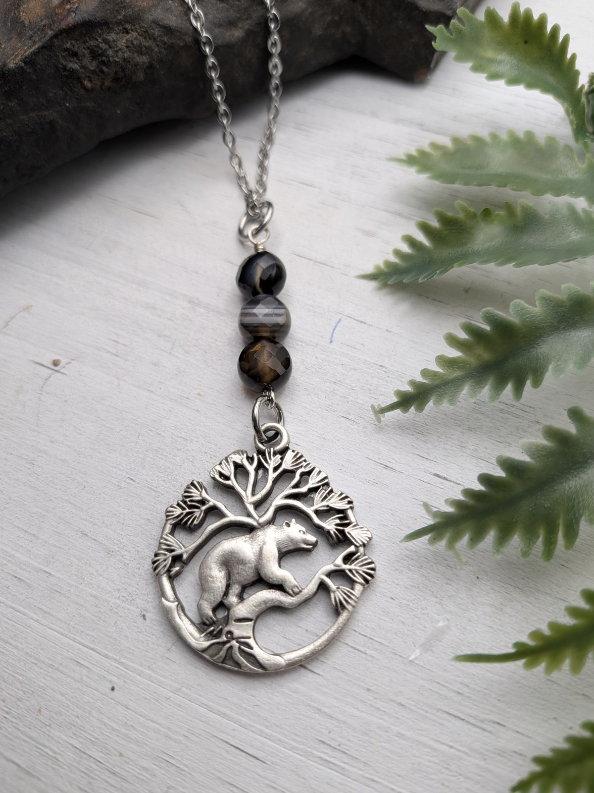 Silver Bear Pendant Necklace With Black And Brown Beads, Nature Themed