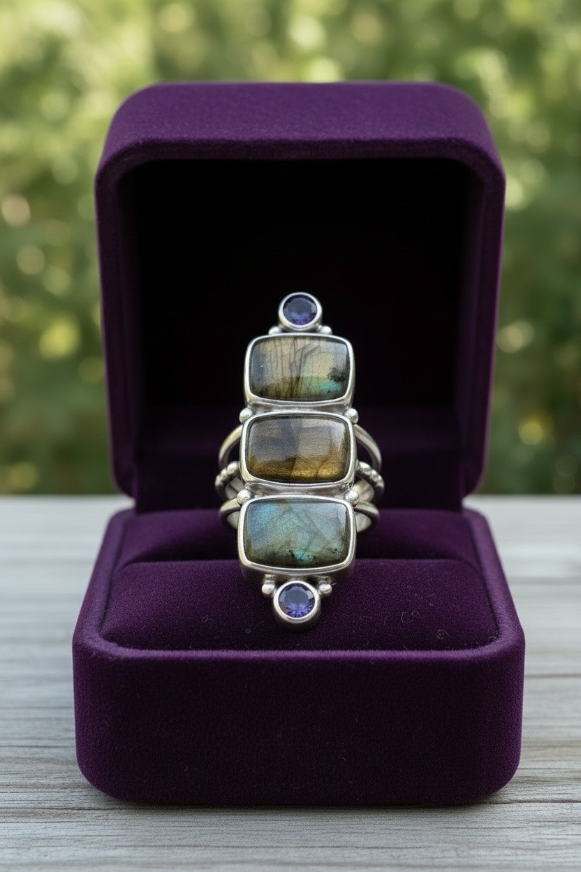 Sajen 925 Sterling Silver Labradorite and Amethyst Ring Size 9