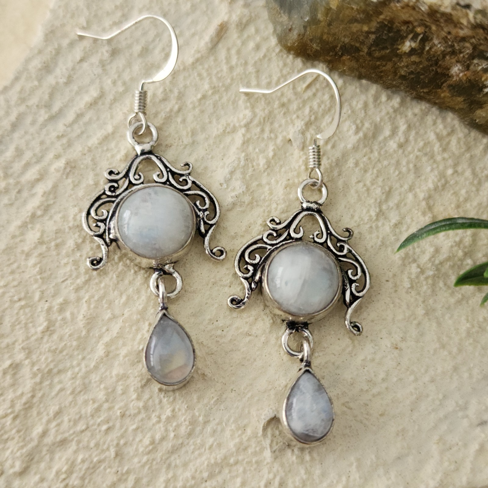 925 Overlay 12.2mm Rainbow Moonstone 2″ Drop Earrings