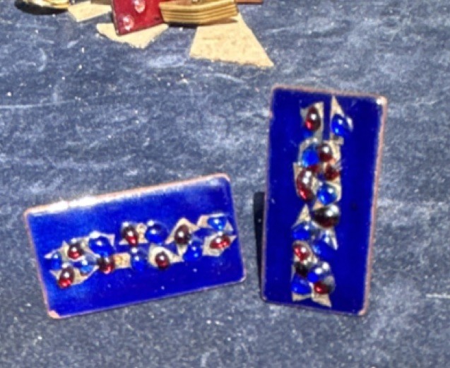 Unique Vintage Blue enamel and stone cufflinks from the mid-20th century.