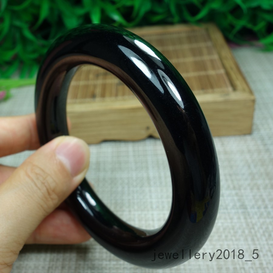 Certified Black Green Burma 100% Natural A Jadeite jade Bracelet 墨翠 圆条玉手镯 58.9mm