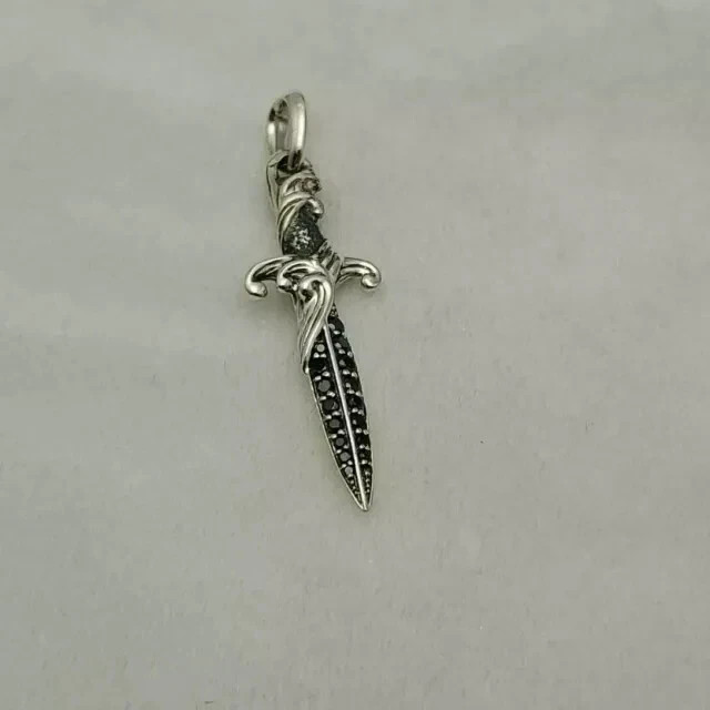 1Ctw Round Cut Lab Created Black Diamond Knife Pendant 14K White Gold Plated