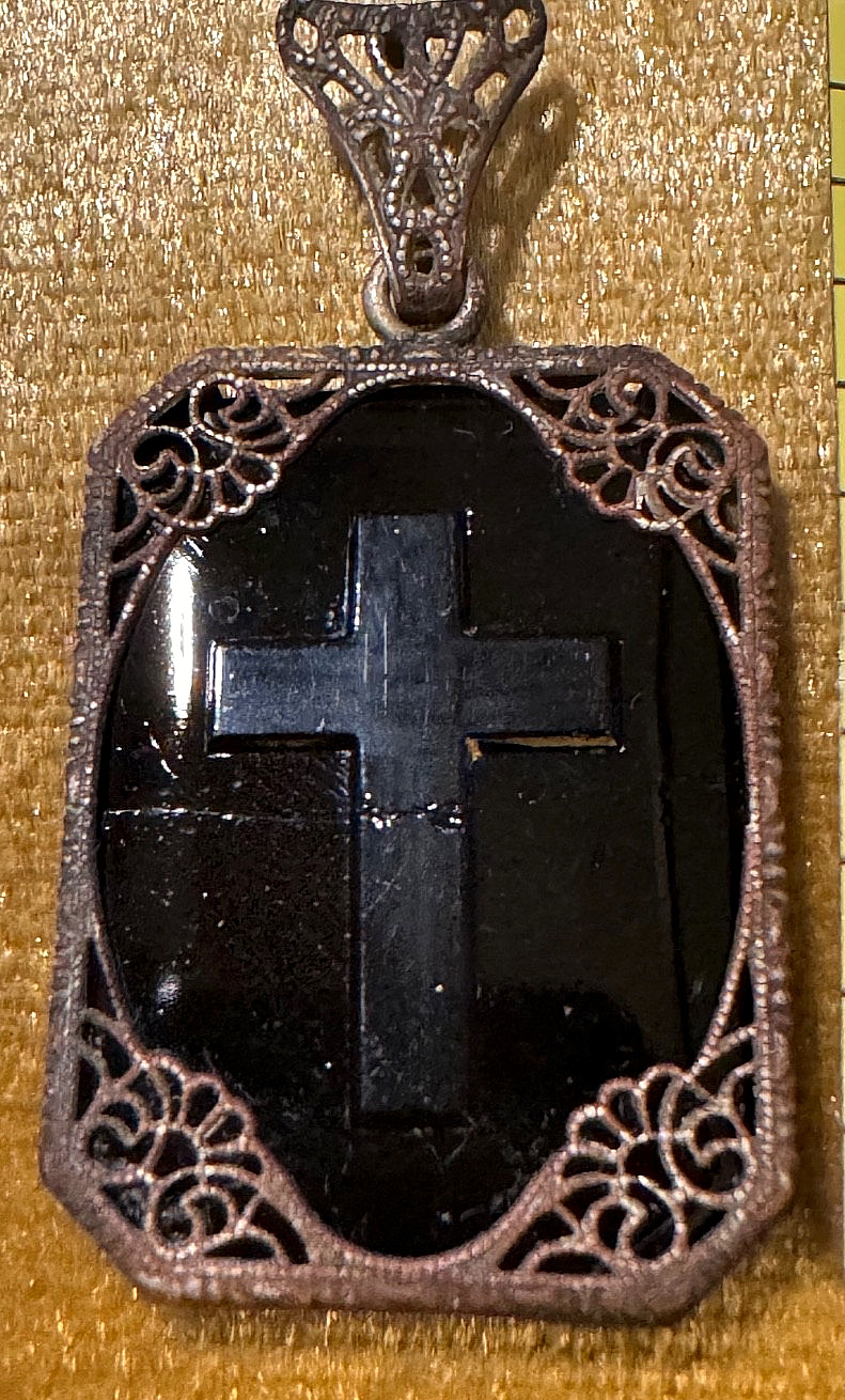 Antique Ornate Border with Black Onyx Mourning Pendant Etched Cross & Star Prism