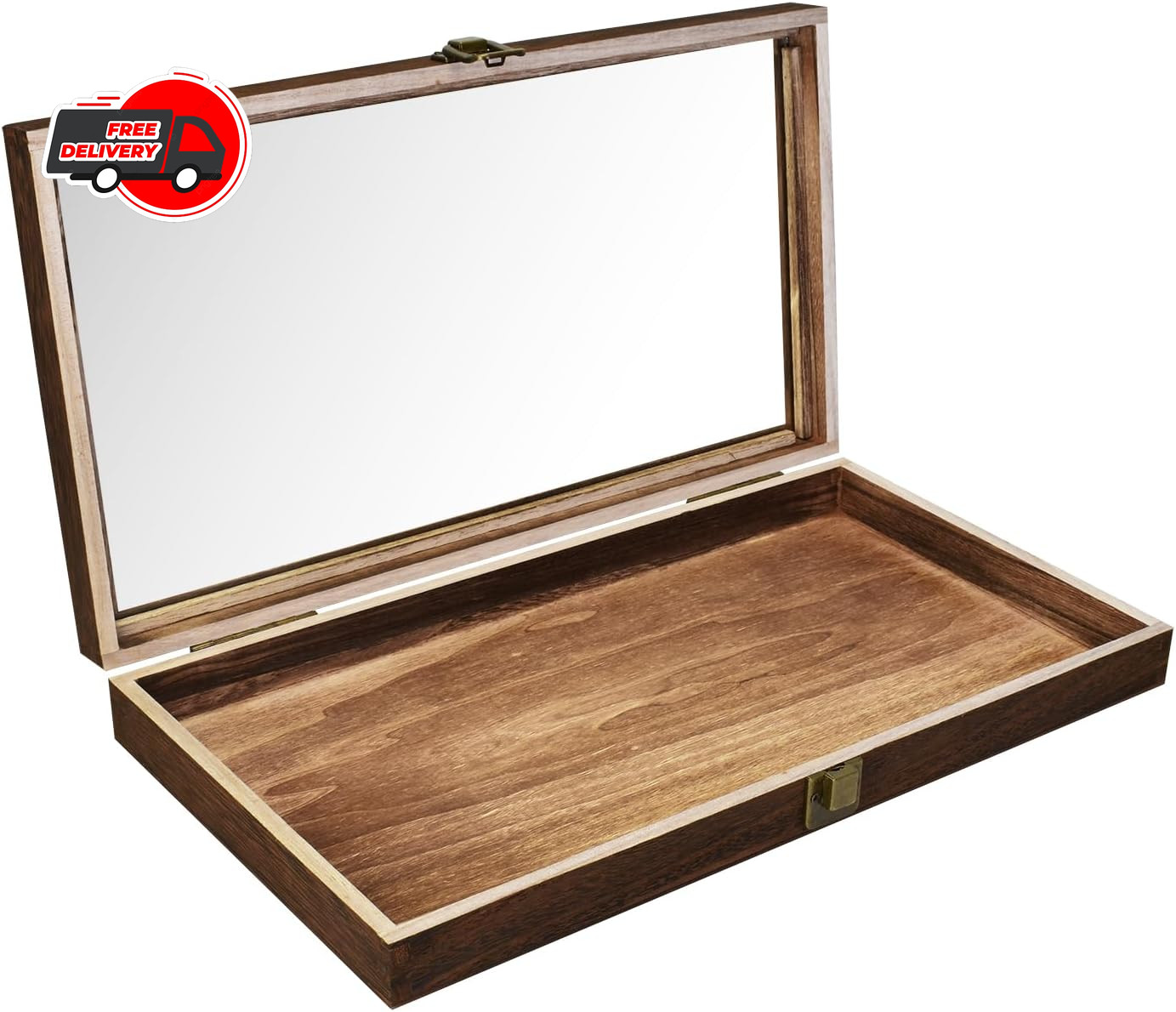 Wooden Jewelry display case with Tempered Glass Top Lid, Brown ,15×8.5×2 Inches