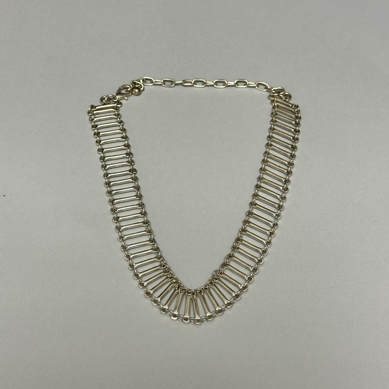 Bar Link Chain Necklace Silver Tone Collar Choker Adjustable Length 12″