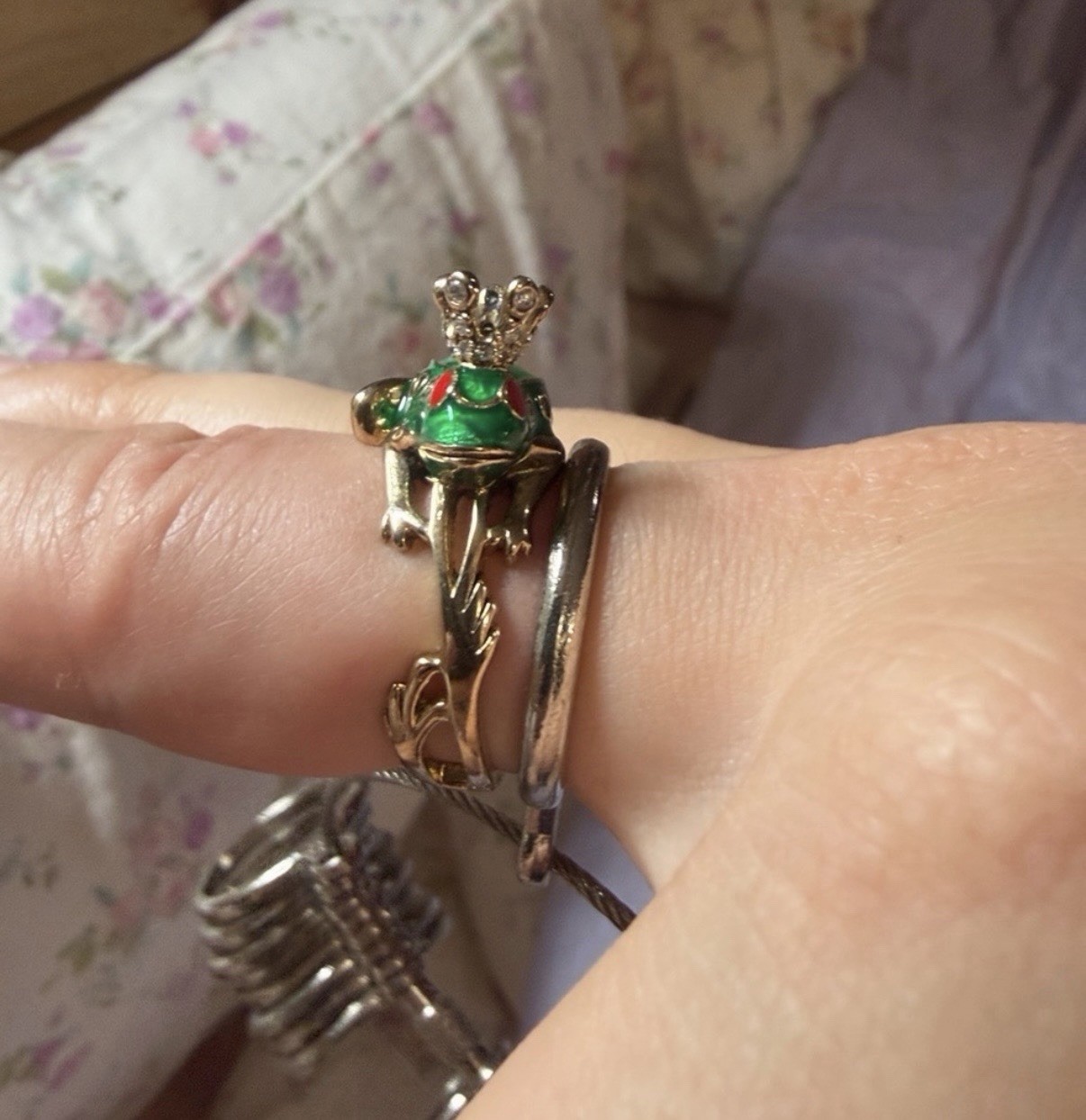 Vintage Signed Hidalgo .925 Sterling Silver Green Enamel Frog Prince Ring Size 9