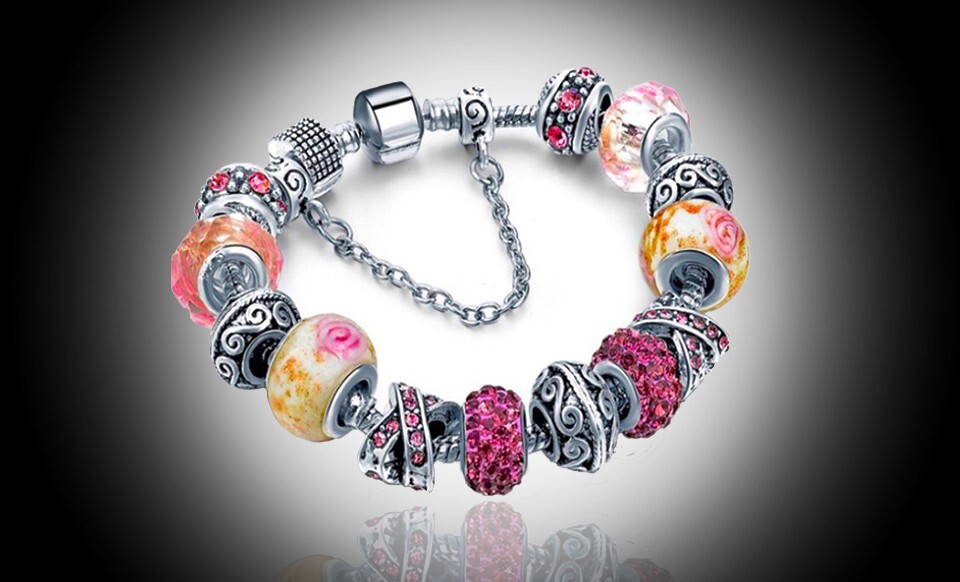 18K White Gold Plated Pink Crystal Charm Bracelet Made with Swarovski Elements