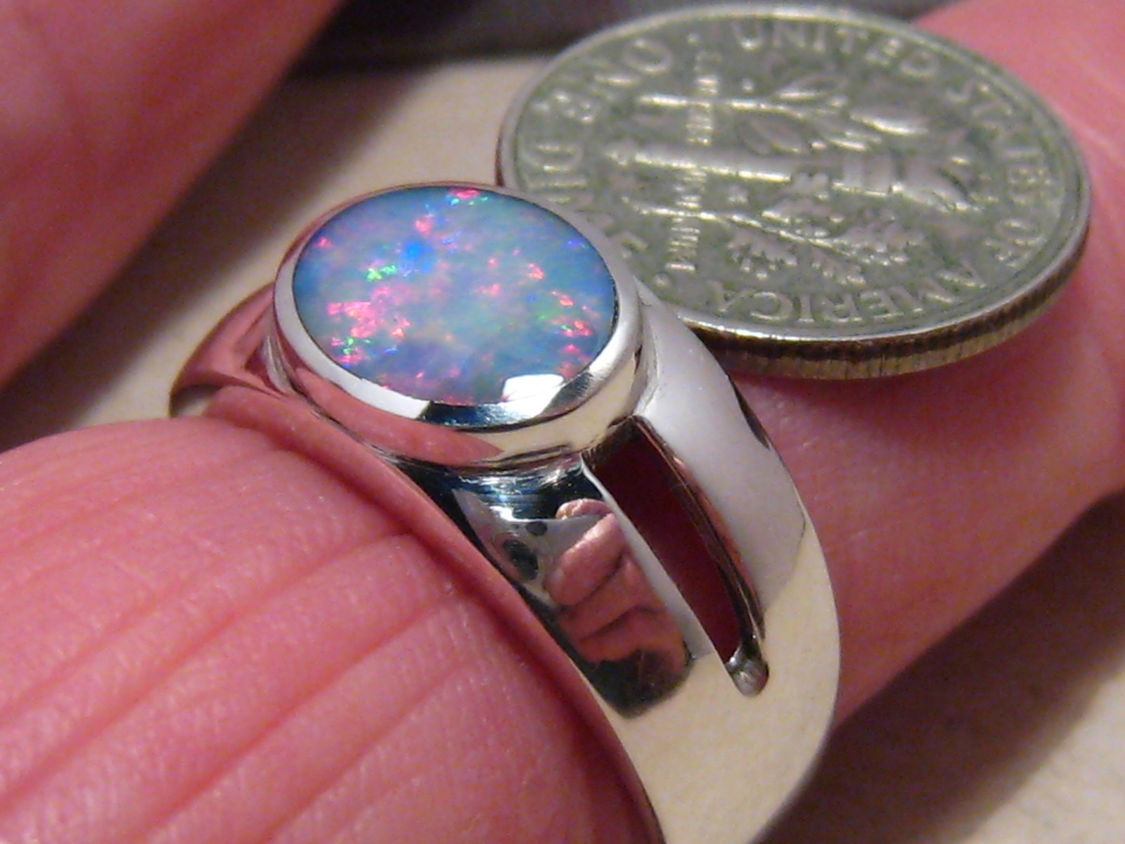 Australian red and blue Opal Ring – sterling silver – size 8 1/2 NO RESIZE
