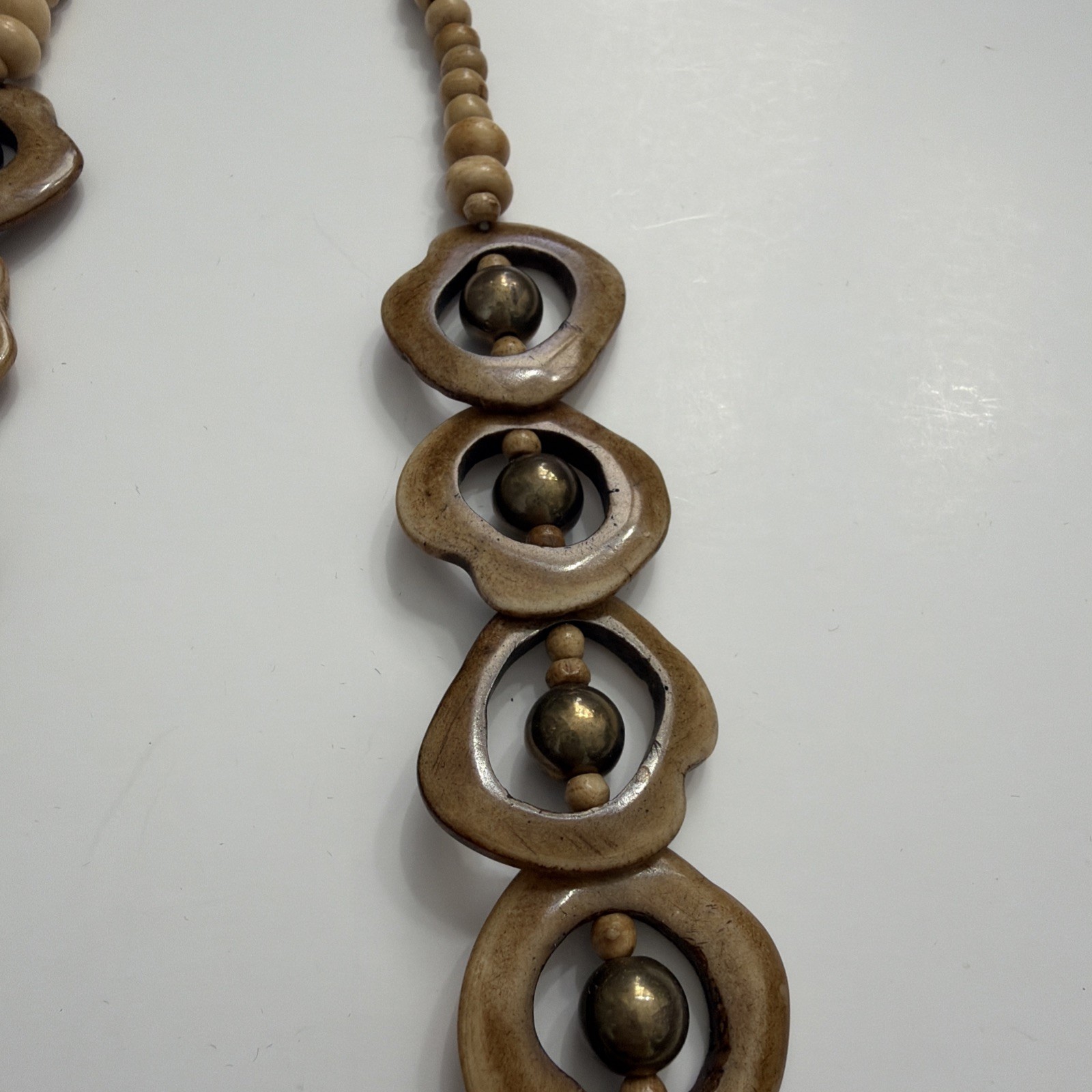 Artisan Vntg Wood Statement Necklace Carved Wooden Links with Brass Tone Beads