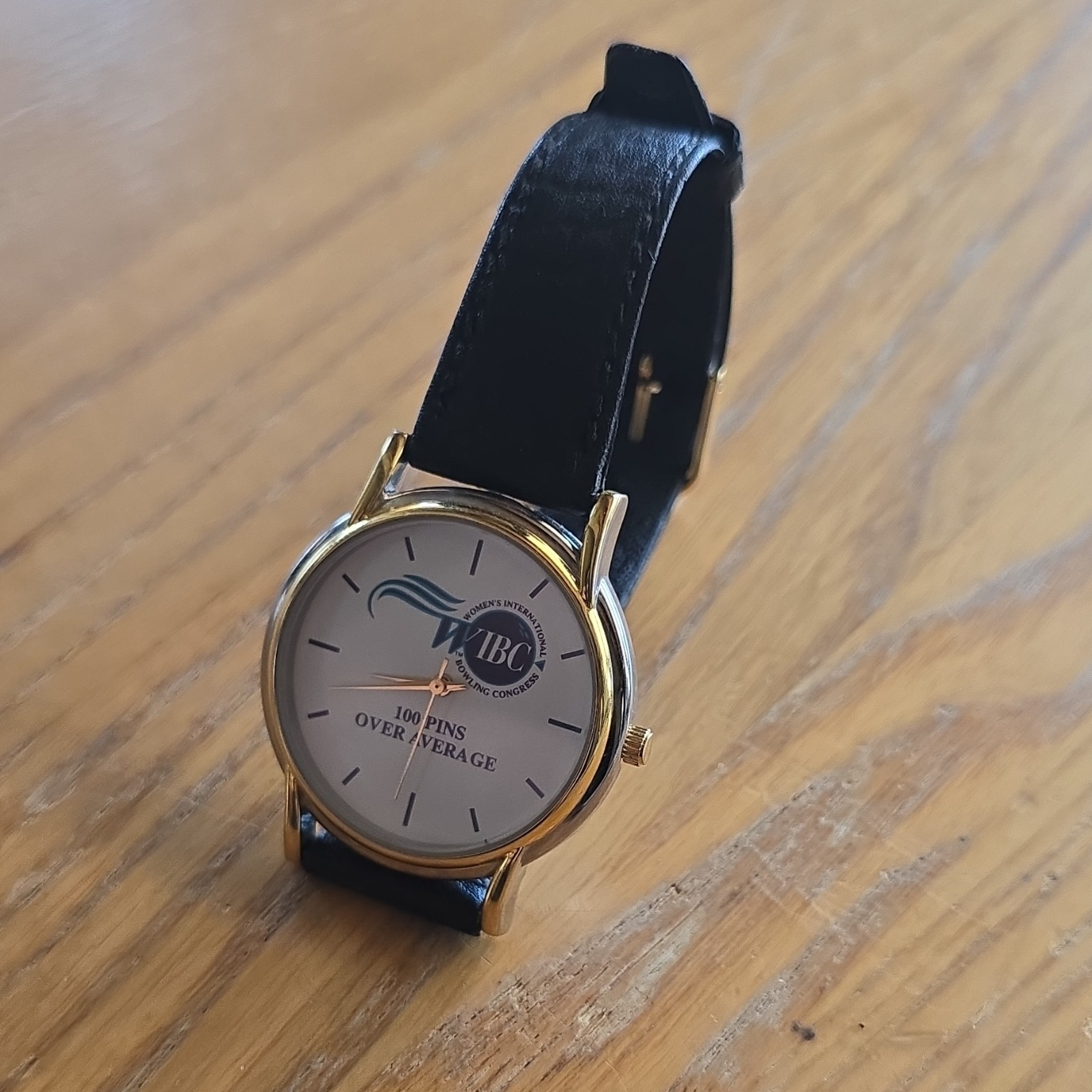 WIBC 100 Pins Over Average Bowling Quartz Analog Gold Tone Black Leather