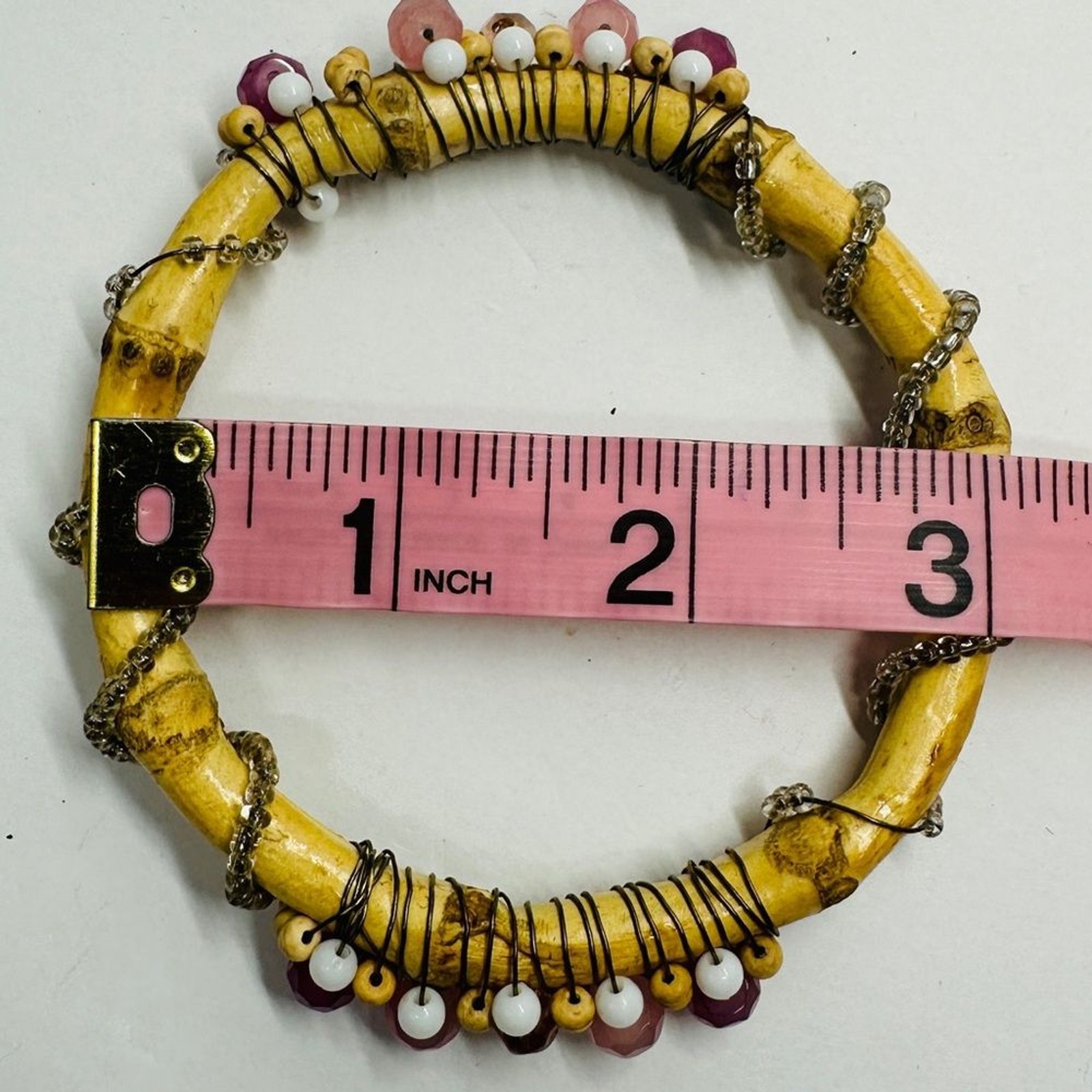 Two Vintage Hand Crafted Bamboo Bangle Bracelets With Pink White & Tan Beads