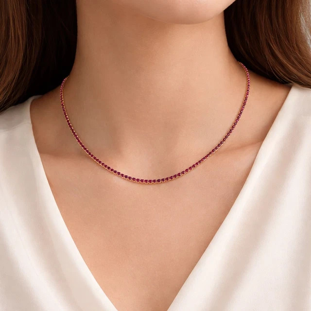 12Ct Round Cut Lab Created Ruby Women’s 14K Yellow Gold Finish Tennis Necklace