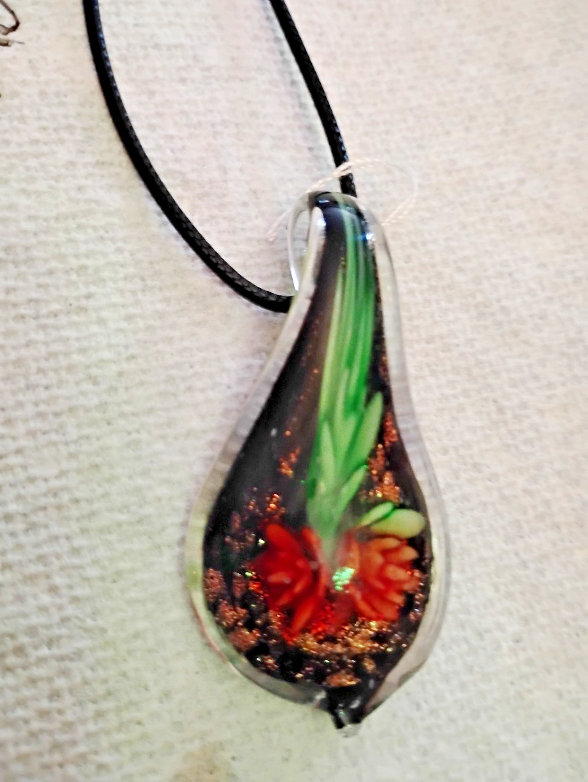 Hand Blown Murano Style Glass,Green Mix Pendant Necklace oblong,2 1/2″ A8