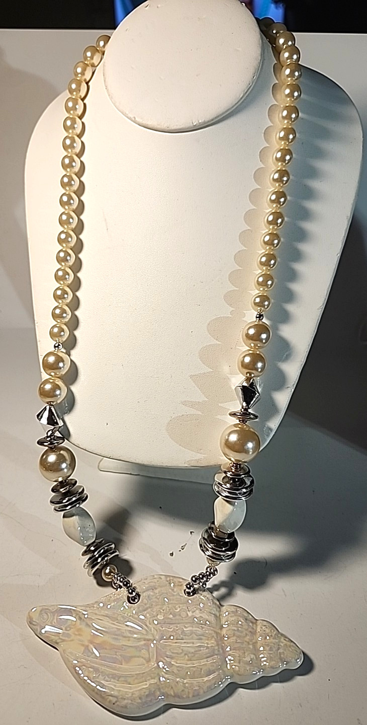 Iridescent SHell Pearl Necklace Silver Long 24 inch Statement Piece