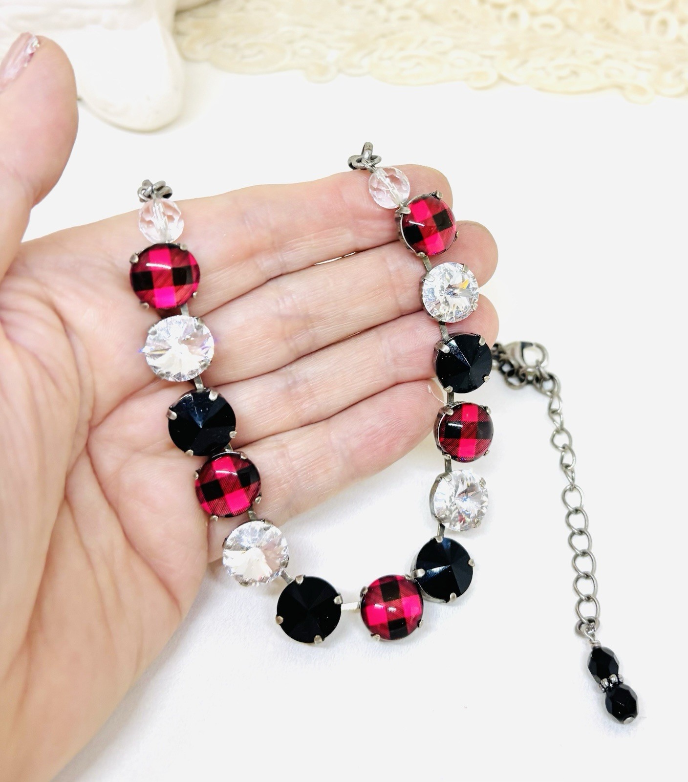 Red Plaid Cup Chain Statement Necklace made with Jet Black Austrian Crystals