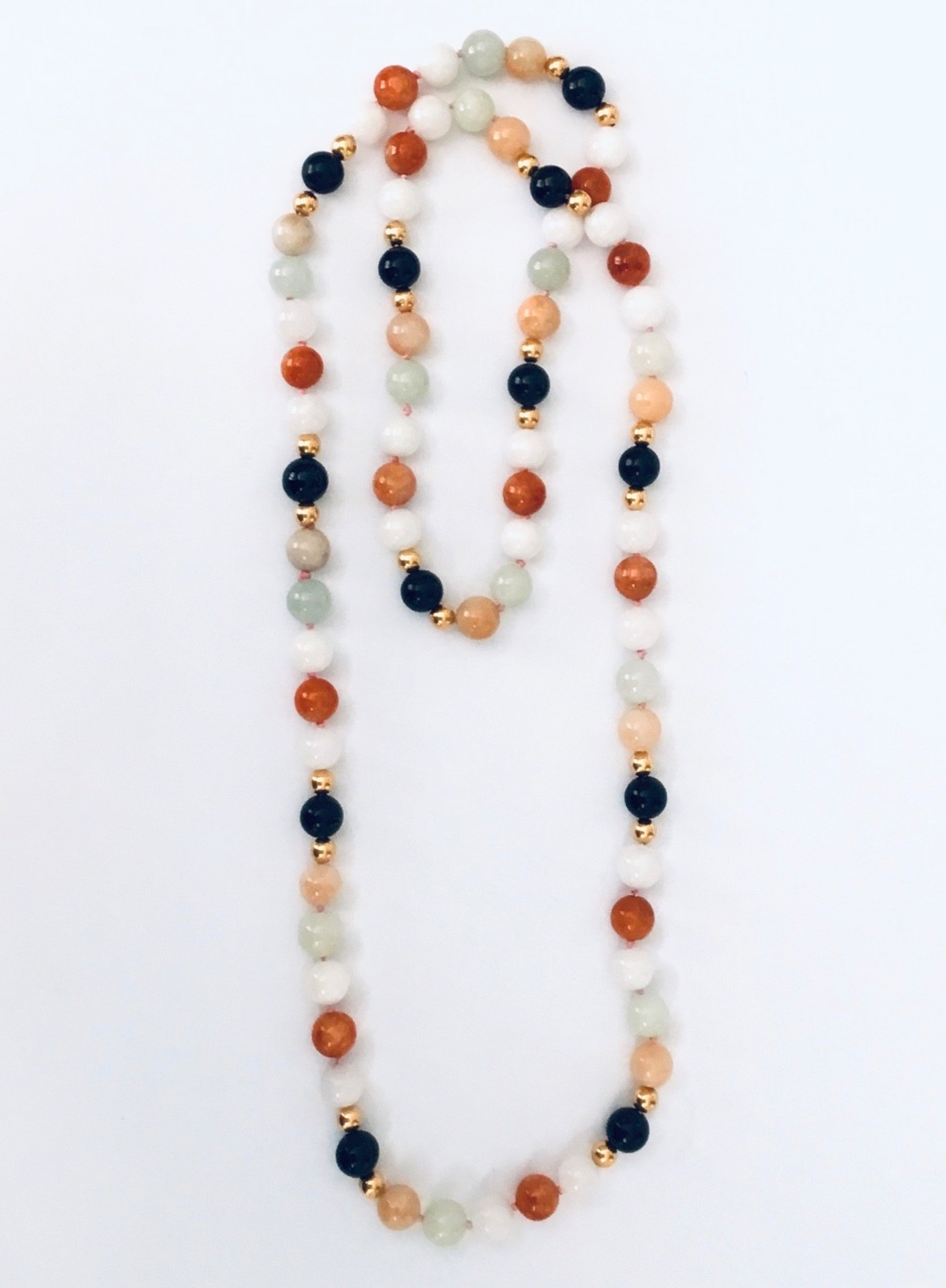 Multicolor Jade W / Solid 14K Gold Balls Hand Knotted 30 in Necklace NEW