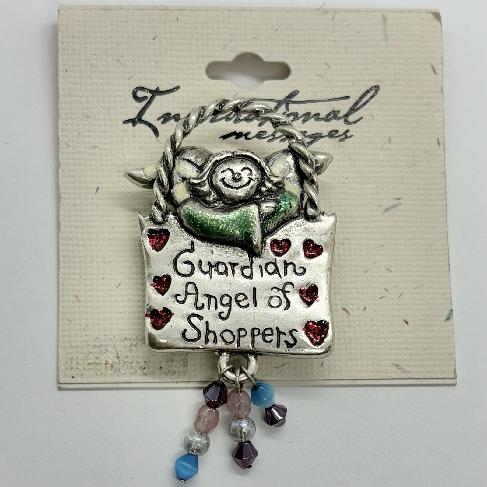 Vtg Signed 90’s Hearts Guardian Angel Shopping Brooch Dangle Glass Bead AJMC NEW
