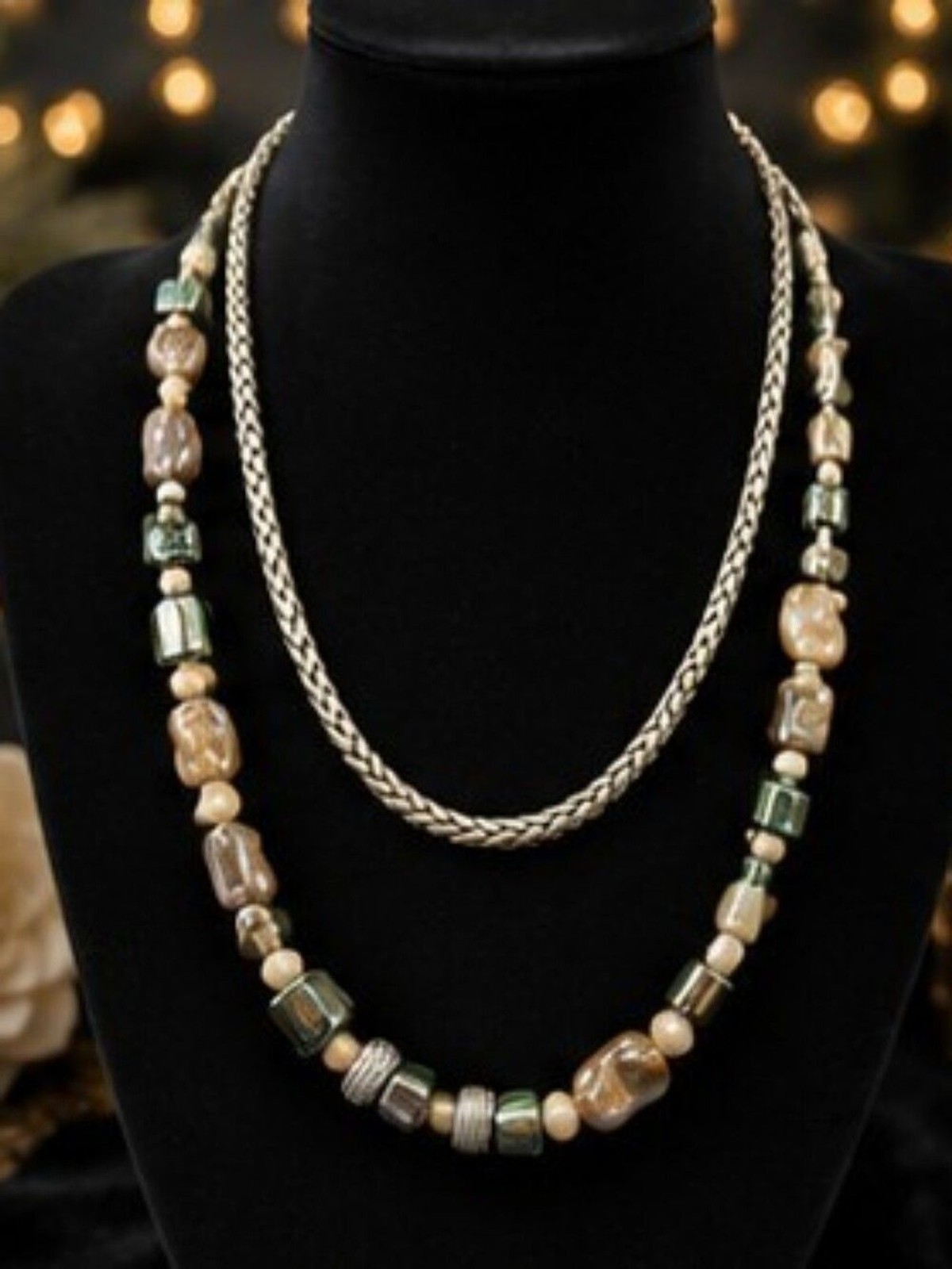 Vintage Chico’s Layered Abalone Mother of Pearl Necklace Silver Tone Boho Style