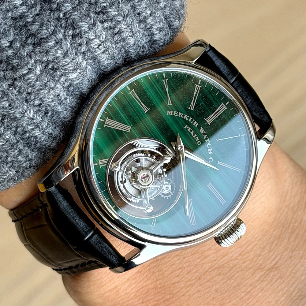 Merkur 100% Tourbillon Watch Men’s Natural Stone Dial Malachite Sapphire Watch