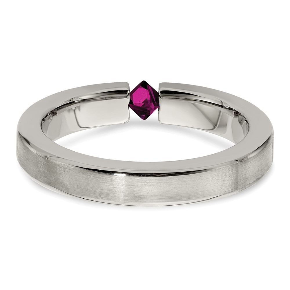 Titanium Tension-set Square Rhodolite Garnet Brushed 4mm Band Ring Size 7