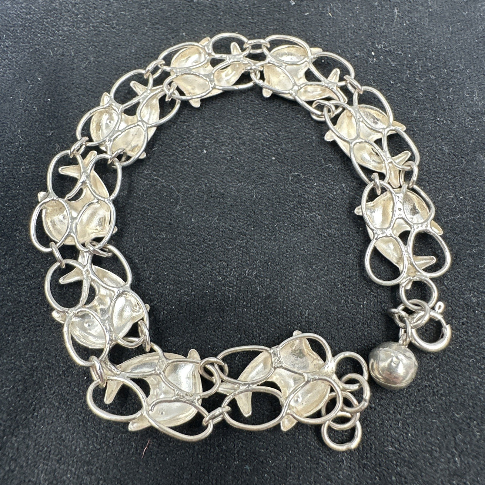 925 Sterling Silver Diving Dolphins Links Bracelet Ball Bell Charm, 7″ 7.71g