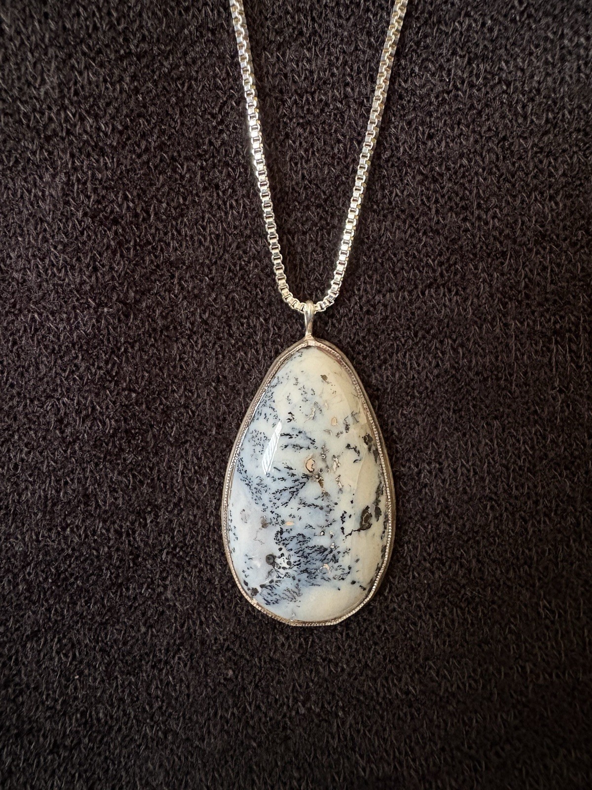 Silver Teardrop Dendrite Pendant on 28” S925 Chain, Handmade
