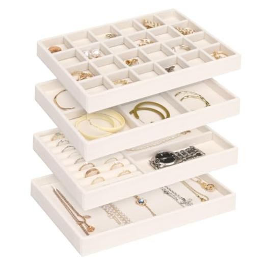 4 Jewelry Organizer Drawer Insert, Stackable Velvet Jewelry Tray beige