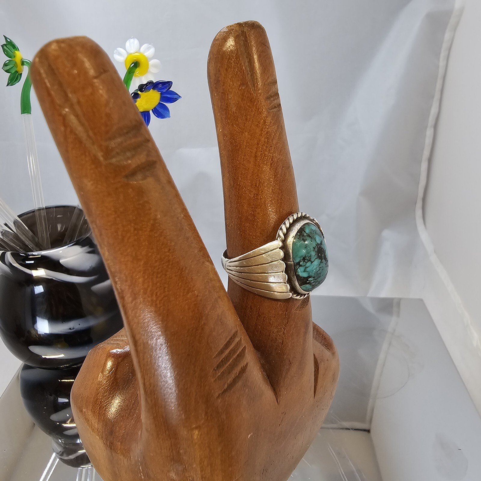 VTG Navajo AD Sterling Silver Turquoise Shadowbox Ring 11.5 Signed Old 8.05g Men