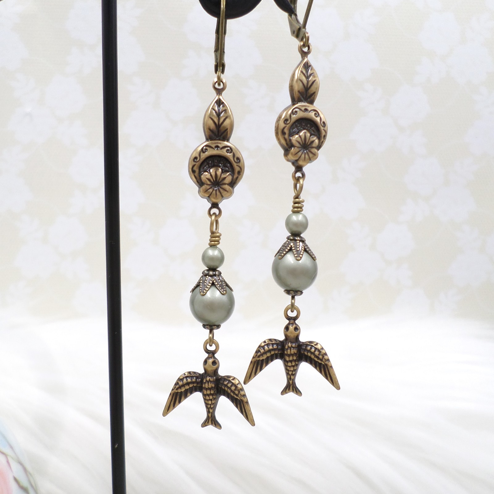 Brass Bird Earrings: Sage Green Pearl Floral Cottagecore Handmade Dangle Jewelry