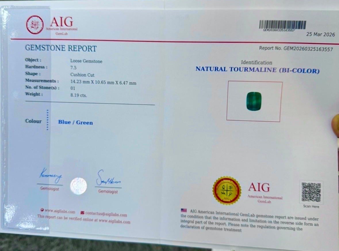 8.19ct AIG Certified Gorgeous 100% Natural Blue Green Bi Color Tourmaline