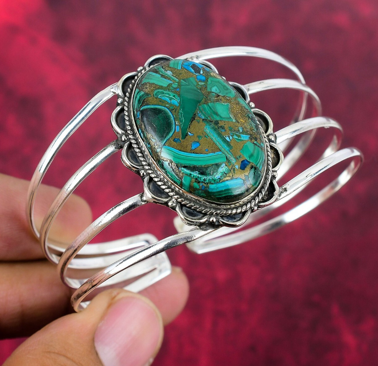 Copper Malachite Gemstone Handmade Jewelry 925 Solid Silver Adjustable Bangle