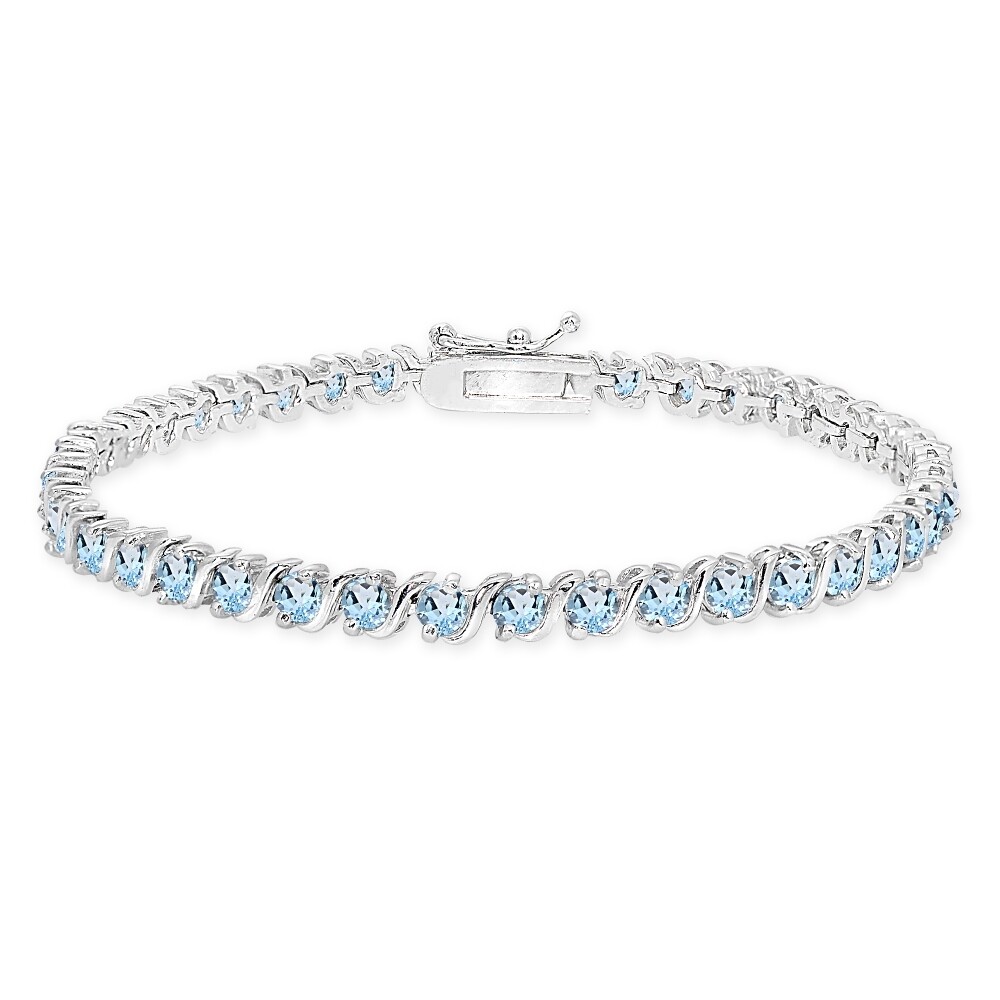 Sterling Silver Polished Blue Topaz “S” Design Bar Classic Tennis Bracelet
