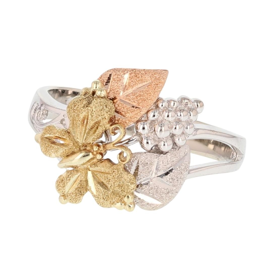 15.1mm Textured Butterfly & Leaves Ring 14k Multi-Tone Gold 4.31 Grams Size 7.75