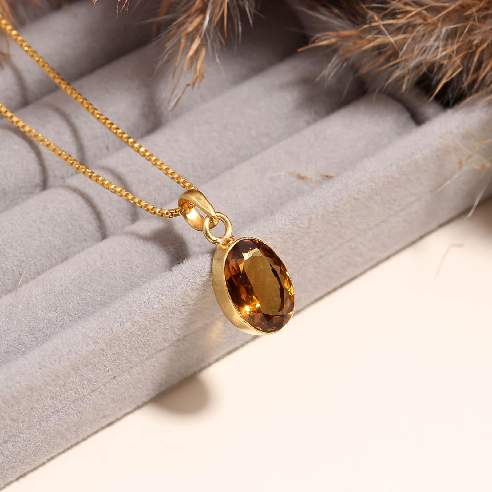 Natural Honey Quartz Oval Necklace Gold Fill 925 Sterling Silver Jewelry For Her