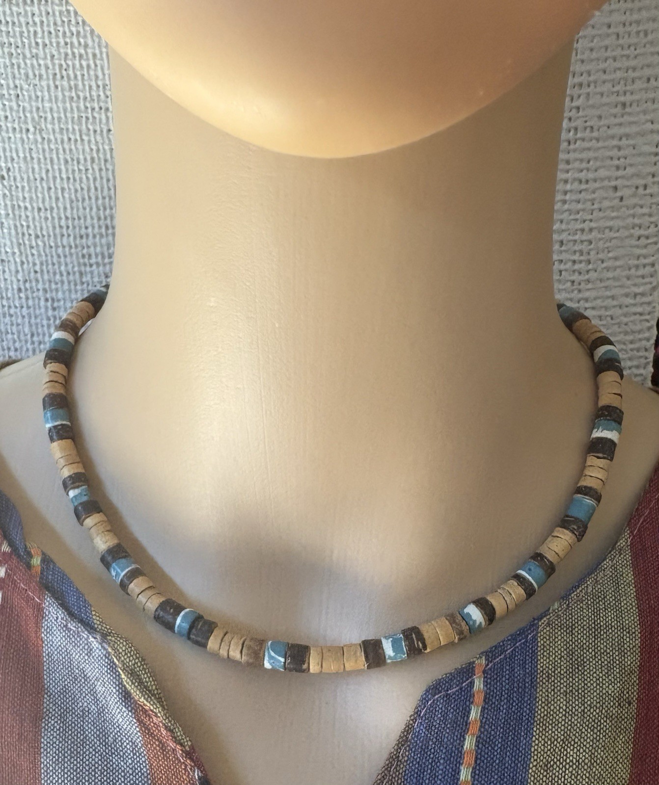 Wood Beaded Necklace Brown Blue White 17 in Ball/Bead Chain Barrel Closure