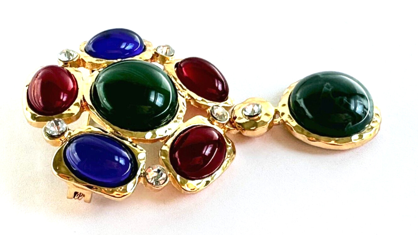 Gold Tone & Multicolor Cabochon Acrylic & Crystal Rhinestones Brooch