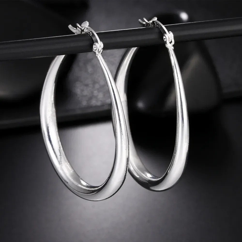 Womens 925 Sterling Silver Elegant Oval Shaped Extra Large Hoop Earrings