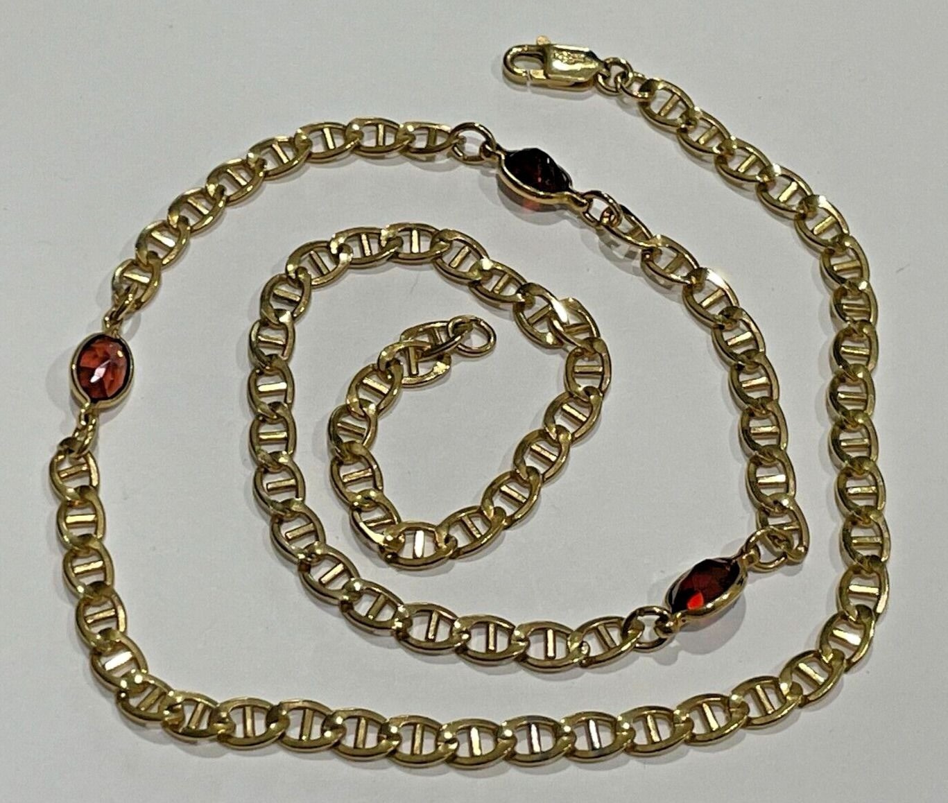 Vtg 1/30 14K Gold Over Sterling Mariner Link Red Glass Station Necklace 17.5″