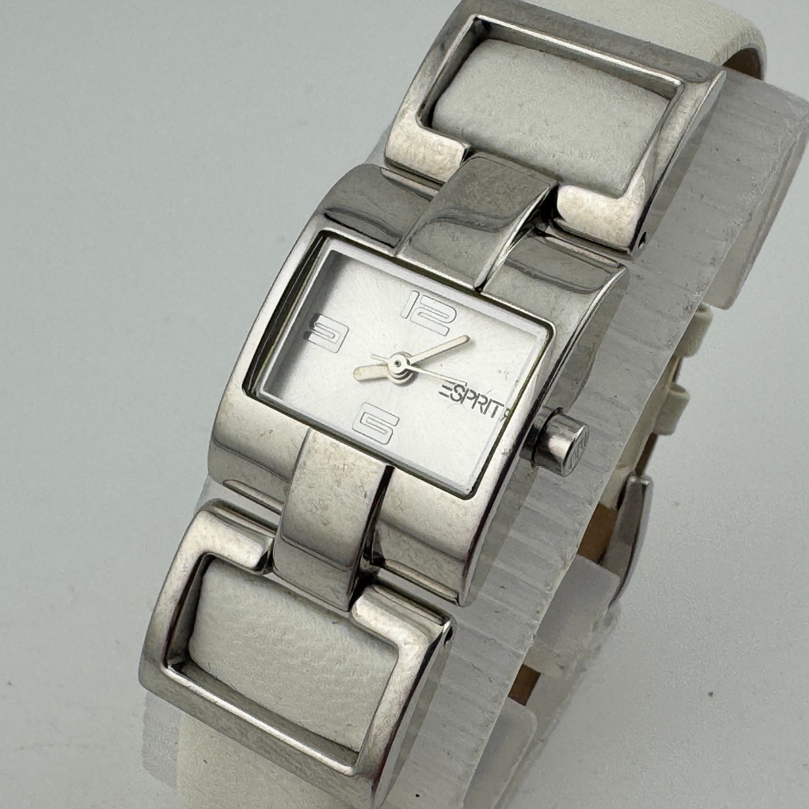 Esprit Quartz Watch Women Silver White Wide Rectangle Leather Analog New Battery