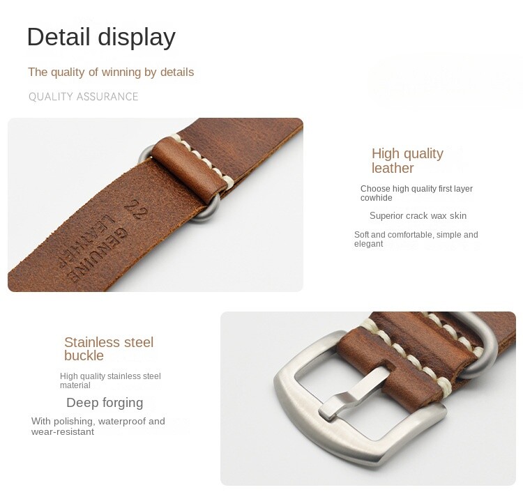 Cowhide Genuine Leather Watch Strap Mens Extra Long Single Pass Band 20/22/24/26