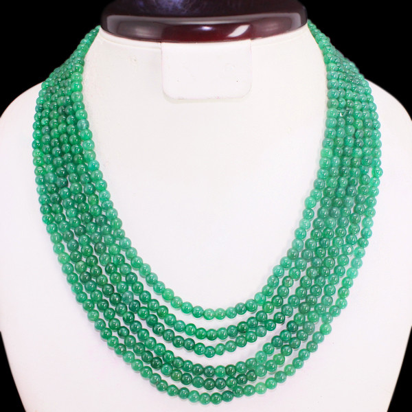 BEST 500.00 CTS NATURAL GREEN EMERALD 6 LINE ROUND BEADS NECKLACE – GEM EDH
